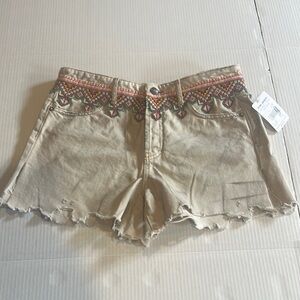 NWT Free People We the Free tan Jean Shorts with Colorful Embroidery cutouts